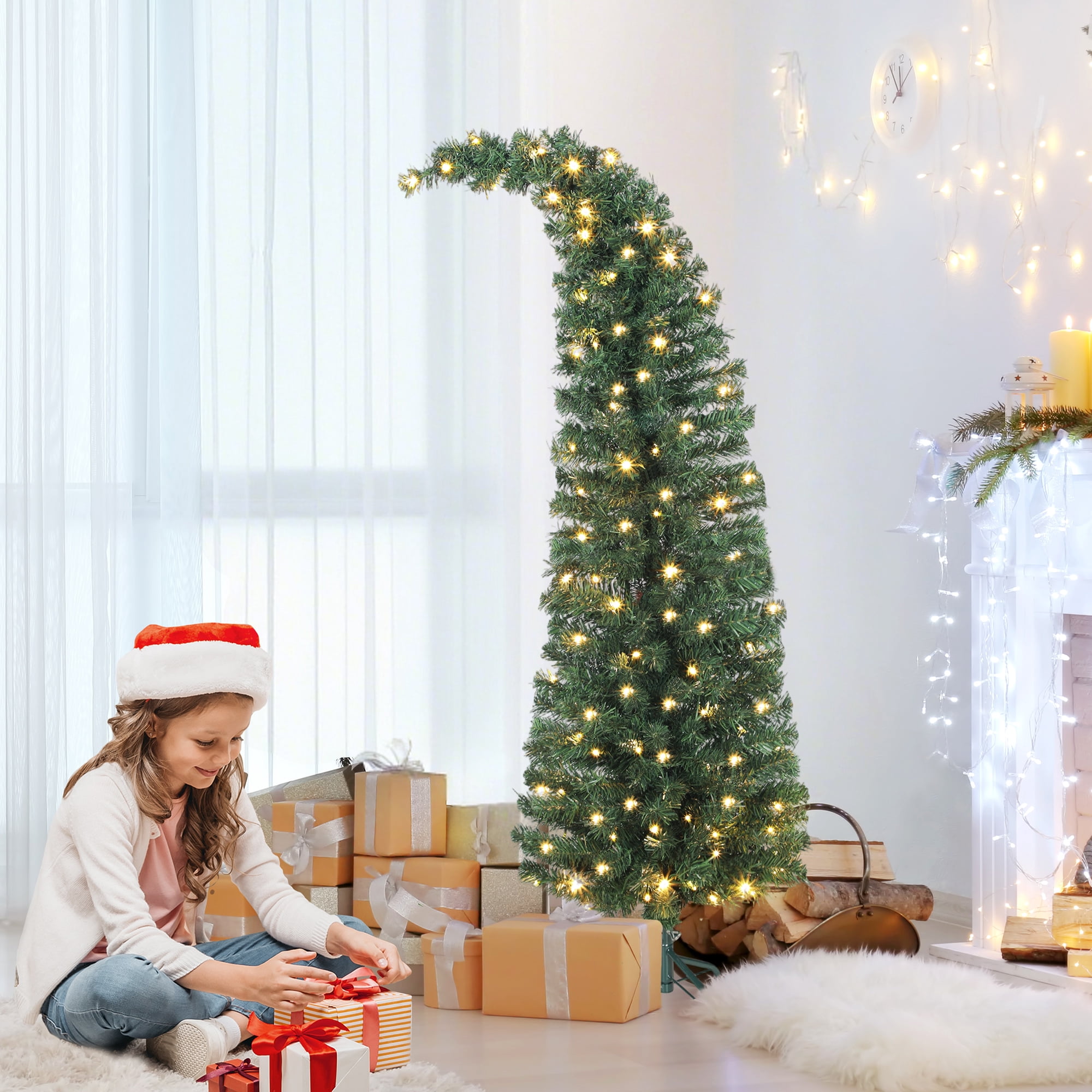 5ft Slim Prelit Christmas Tree with Bent Santa Hat Top 246 Tips 100 LED Lights 8 Modes Indoor Decor