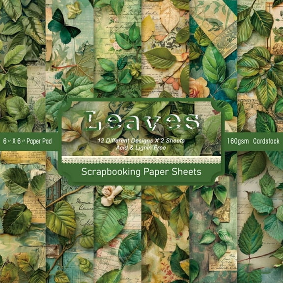 24Pcs 12 Styles Leaf Scrapbook Paper Pads Decorative Craft Background Paper for Photo Album Scrapbooking Greeting Card Making Diary Decoration Olive Drab 152x152mm