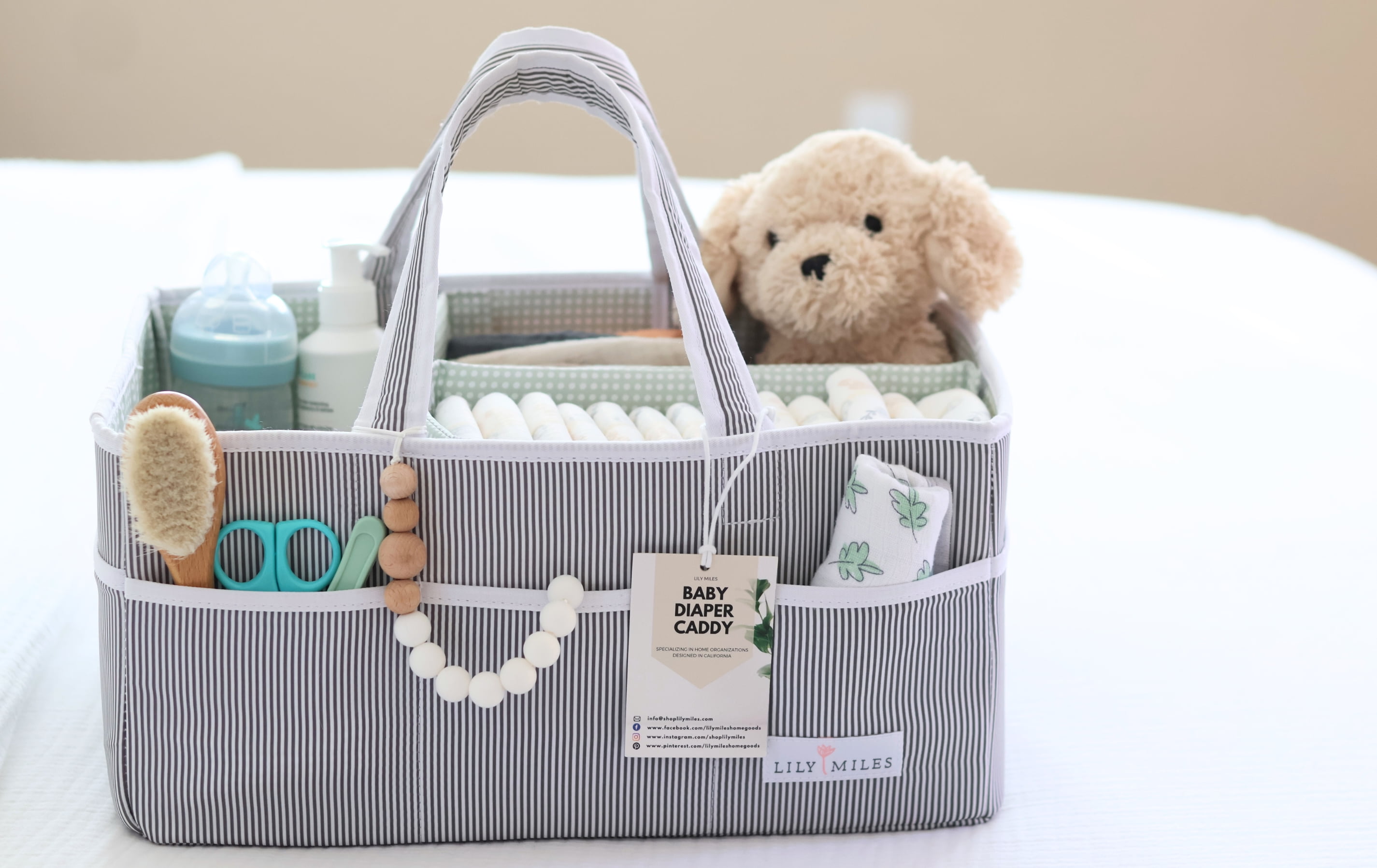 Lily Miles Baby Diaper Caddy Organizer for Changing Table - Unisex Baby Shower Gift - Newborn Essentials - Baby Organizer Basket (Gray/Mint, Large)