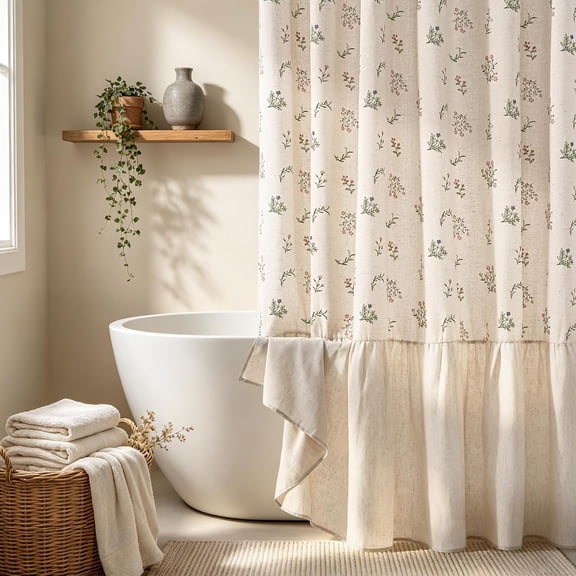 Farmhouse Shower Curtain, Linen Floral 72" W x L