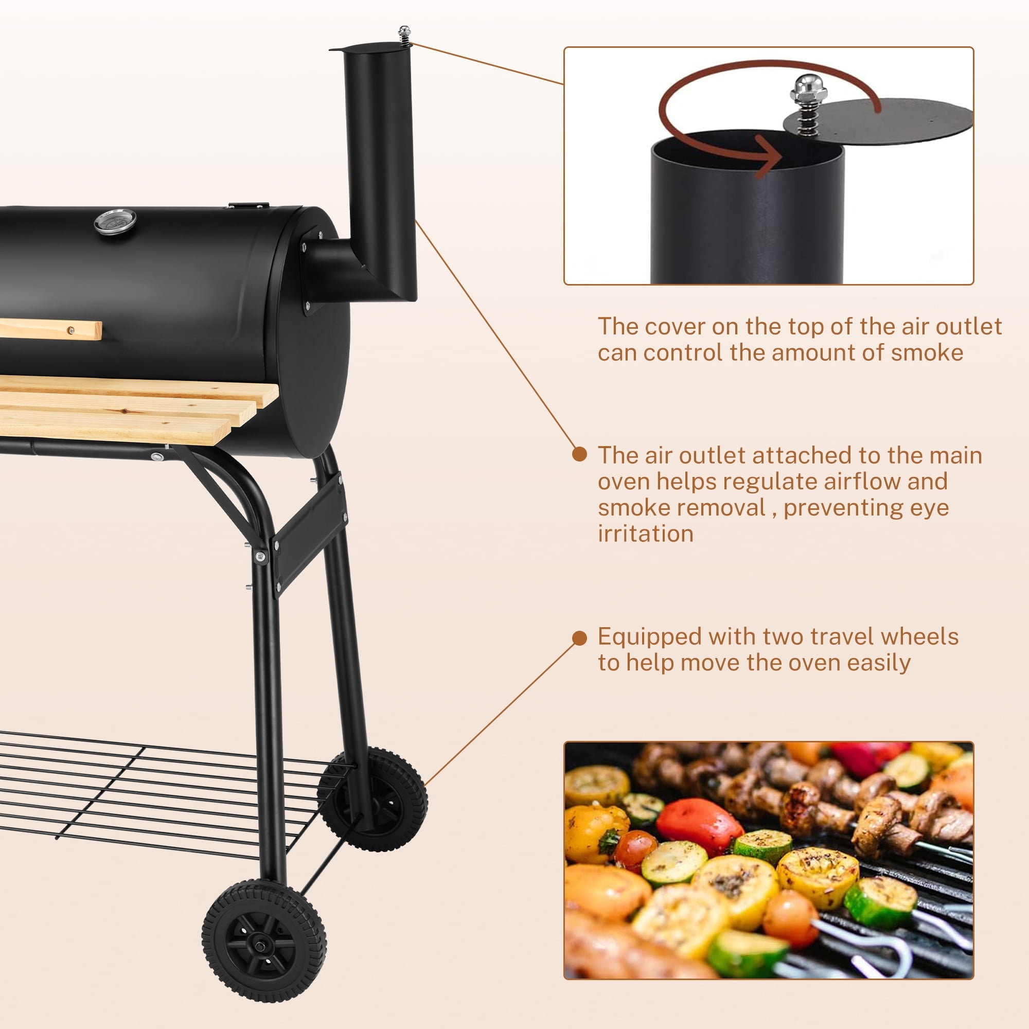 Grill, Enyopro Charcoal Grill, Portable BBQ Grill & Smoker Combo, with Offset Smoker and Wood Shelf, Thermometer, Wheels, for Outdoor Picnic, Patio, Backyard, Camping