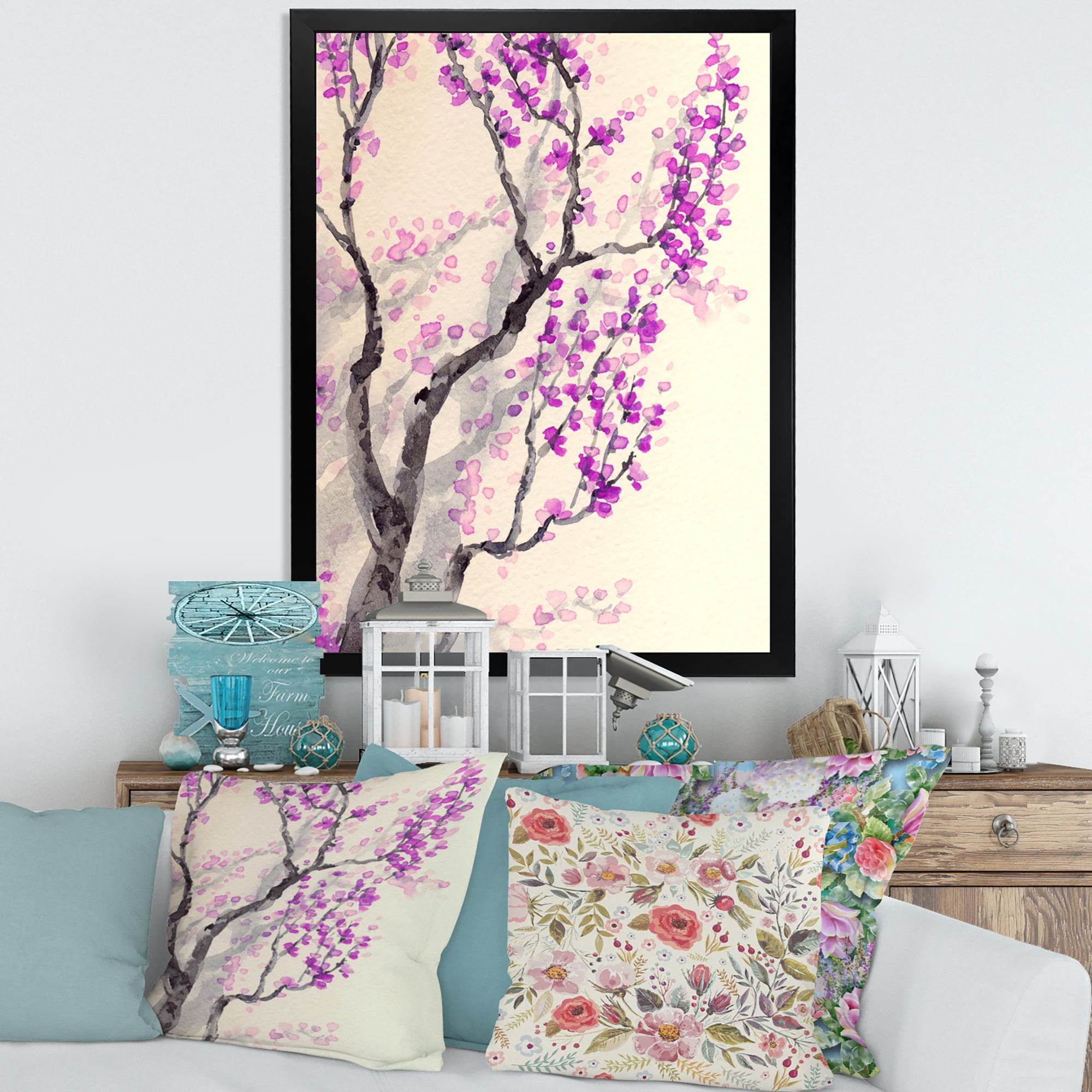 Abstract Spring Purple Flowers On Tree Branches 24 in x 32 in Framed Painting Canvas Art Print, by Designart