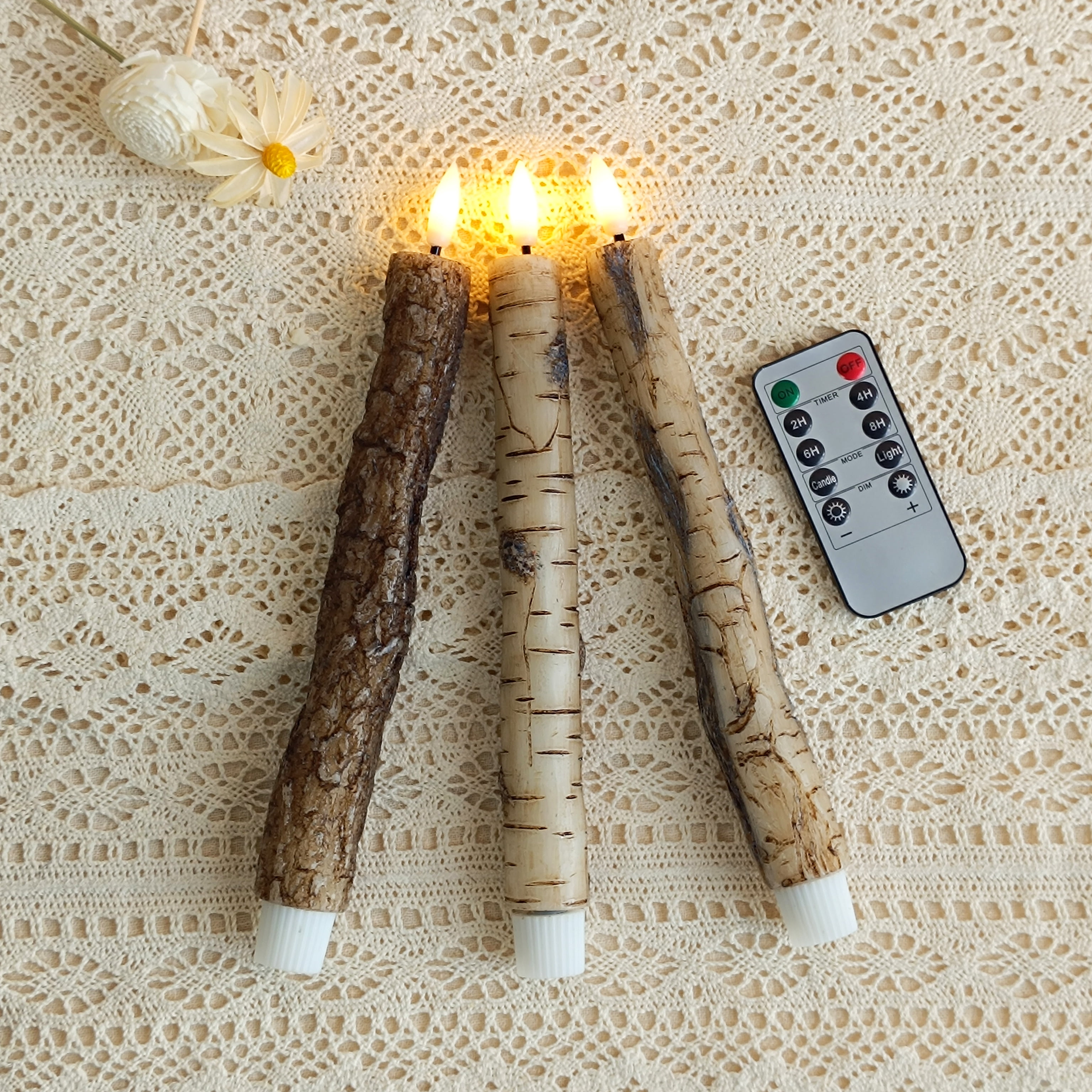 XINAOBAOLUO Brown Flameless Taper Candles with Remote Timer, Pack of 2 Bark Real Wax Battery Operated Candlesticks, 9.8 Inches LED Flickering Window Candles for Home Wedding Christmas Decor