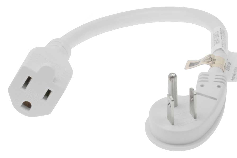 BH 2 Feet Low Profile Angled Extension Power Cord 16 AWG NEMA 5-15P to 5-15R UL Listed White, 3 Pack