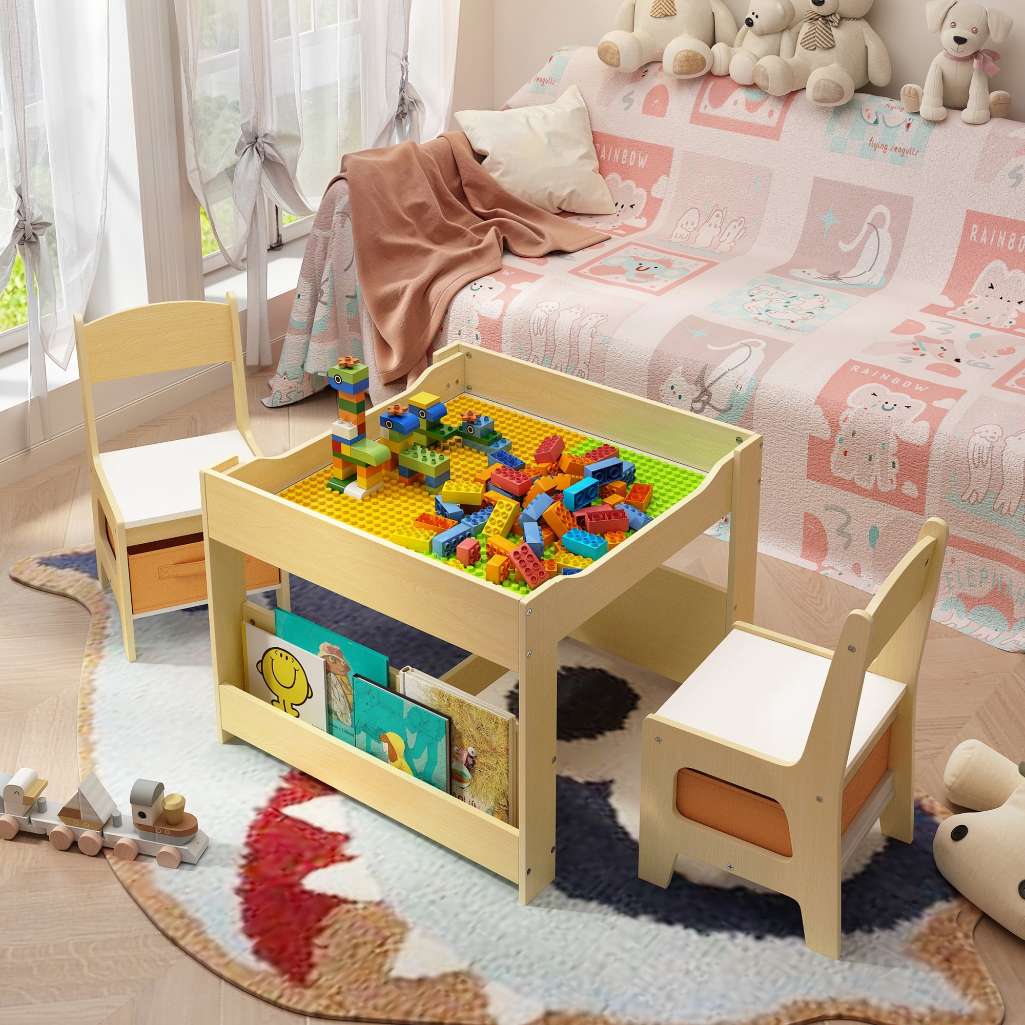 Kid's Table and Chair Set, Asofer 4-in-1 Kids Set with Bookshelves Storage Drawer, Removable Desktop for Drawing Playing Studying Eating, White/Gray