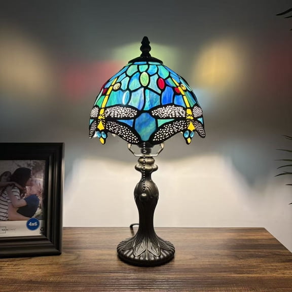 Green Stained Glass Mini Table Lamp Dragonfly LED Bulb Included for Living Room Bedroom Bedside 8"W*8"D*15"H