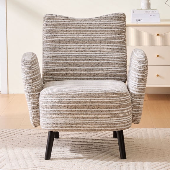 S-HOME Modern Style Armchair in Boucle Fabric with Side Storage Pocket and Solid Wood Legs for Living Room Office Reading Chair, khaki