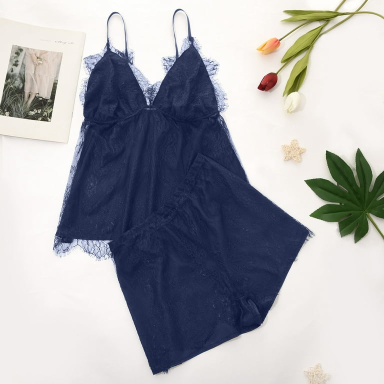 RQYYD Clearance Women Plus Size Lace Pajama Set V Neck Cami and Shorts Two  Piece Lingerie Set Sexy Sleepwear(Blue,L) 