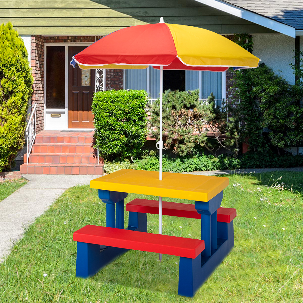 Kids Picnic Table Set with Umbrella, BTMWAY Toddler Table and Chairs Set, Outdoor Kids Picnic Table with 2 Benches, Portable Picnic Table Bench Set for Garden, Backyard, Patio, Red/Yellow/Blue, R2125 - image 3 of 12
