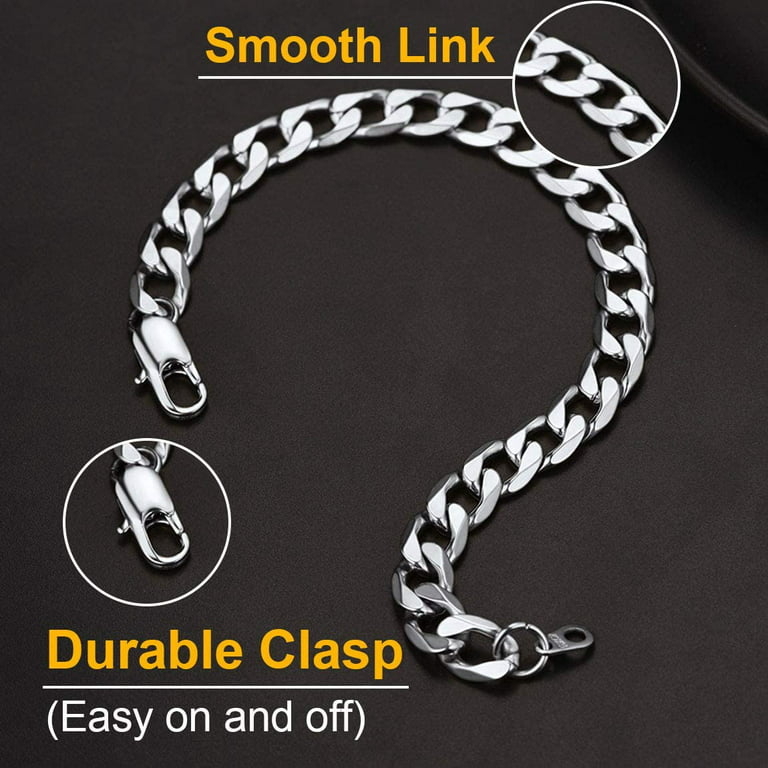 Mens Bracelet - Cuff Chain Bracelet Made Of Silver Plated Stainless Steel -  5mm Thickness Bracelet for Men - Fits 7-8 Wrist Size