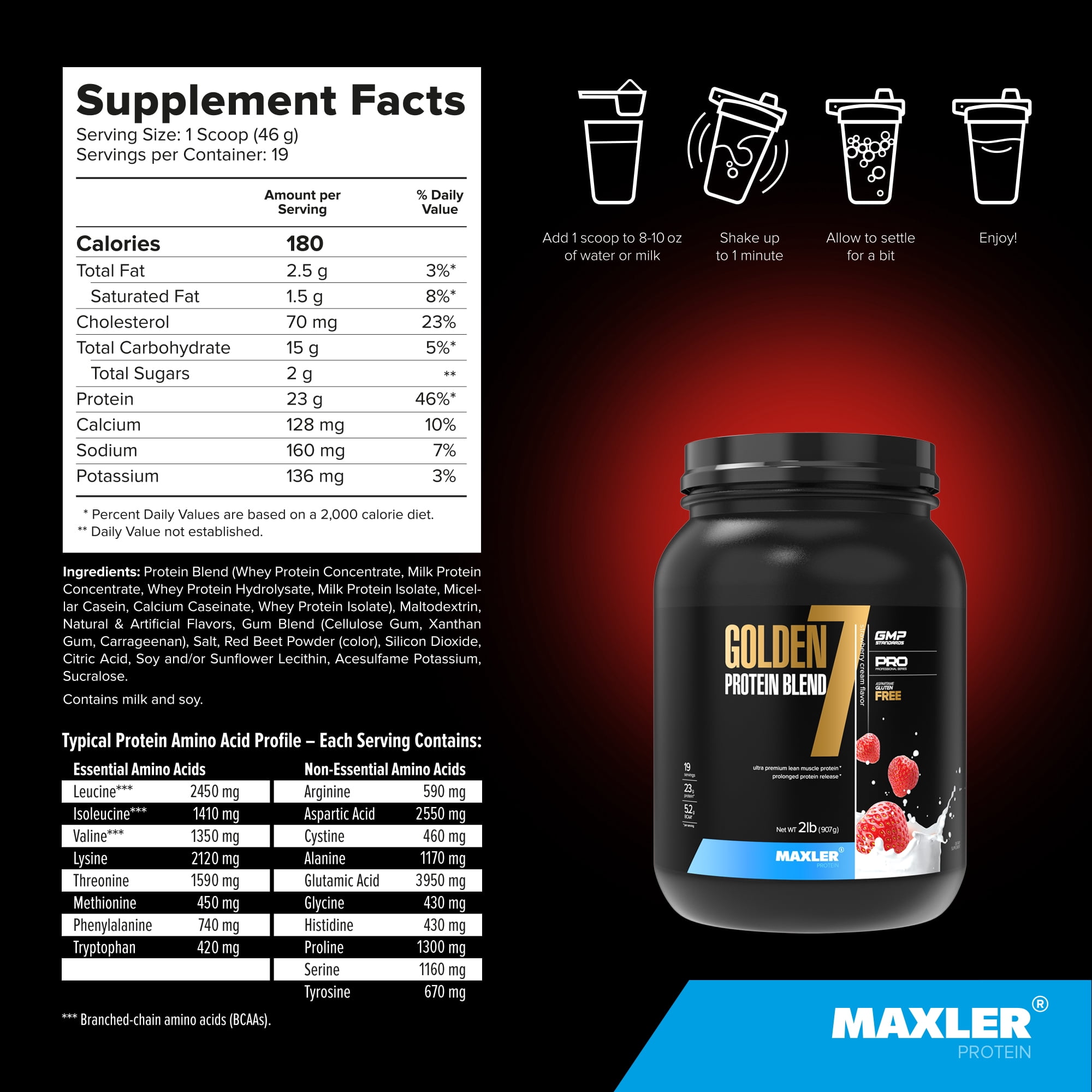 Maxler Golden 7 Protein Blend - Protein Powder for Muscle Gain & Recovery - Strawberry Protein Powder 2 lb