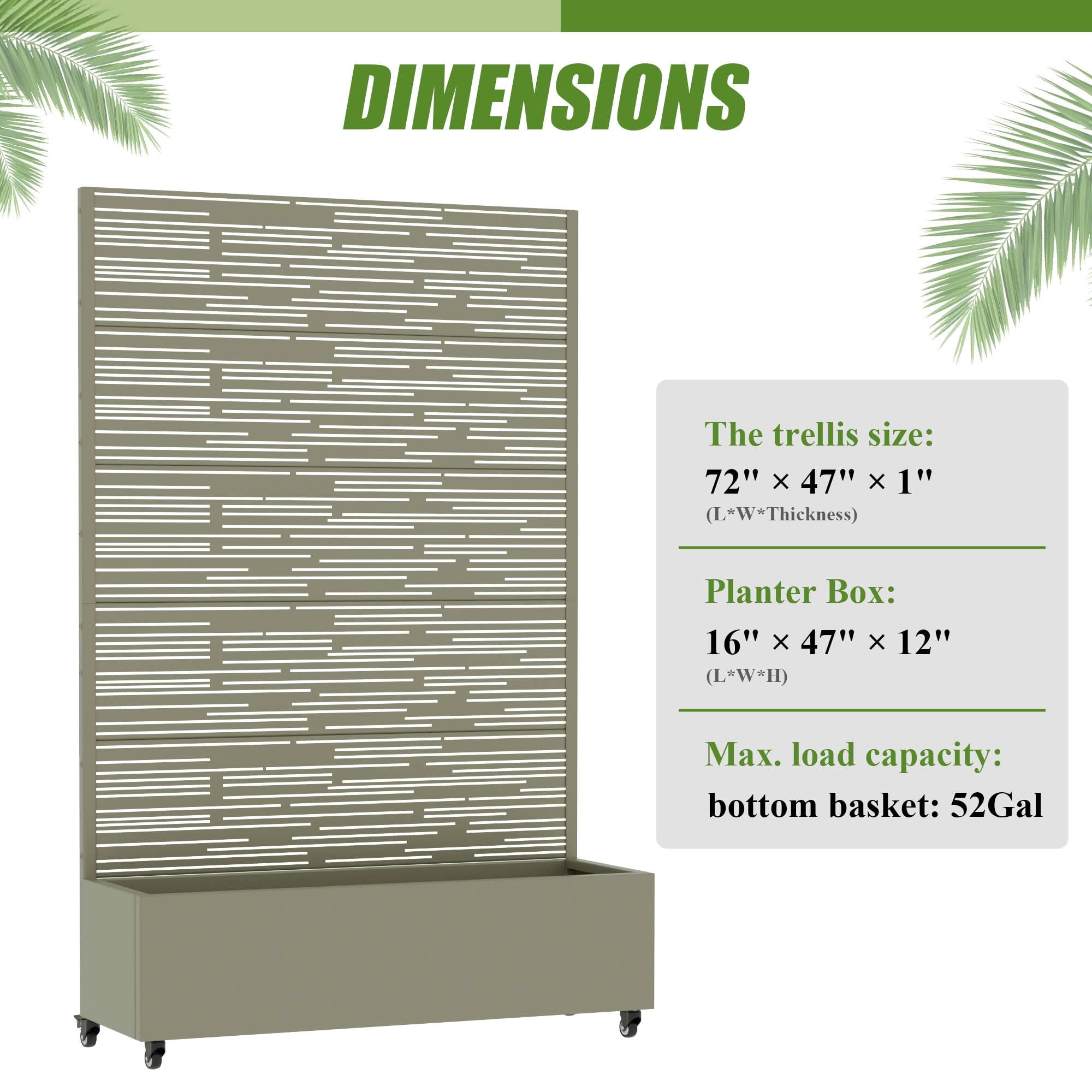 MAYEERTY 72X47" Metal Outdoor Olive Gray Privacy Screen with Planter Box for Backyard & Garden, 5 Piece Set