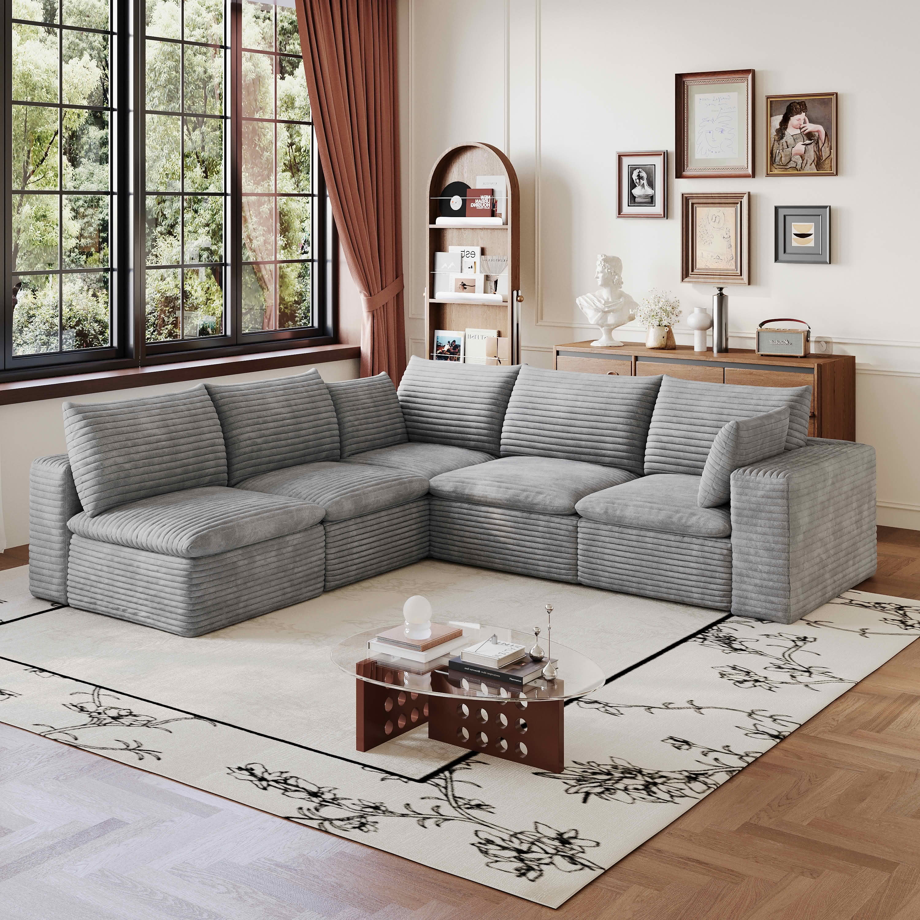 MAYEERTY 98.5"x 102.4" L‑Shaped Cloud Modular Sofa, Corduroy Deep‑Seat Sectional Couch, Double‑Layer Removable Cushions, No‑Assembly DIY Sponge Sofa for Living Room Bedroom Conference Room Apartment