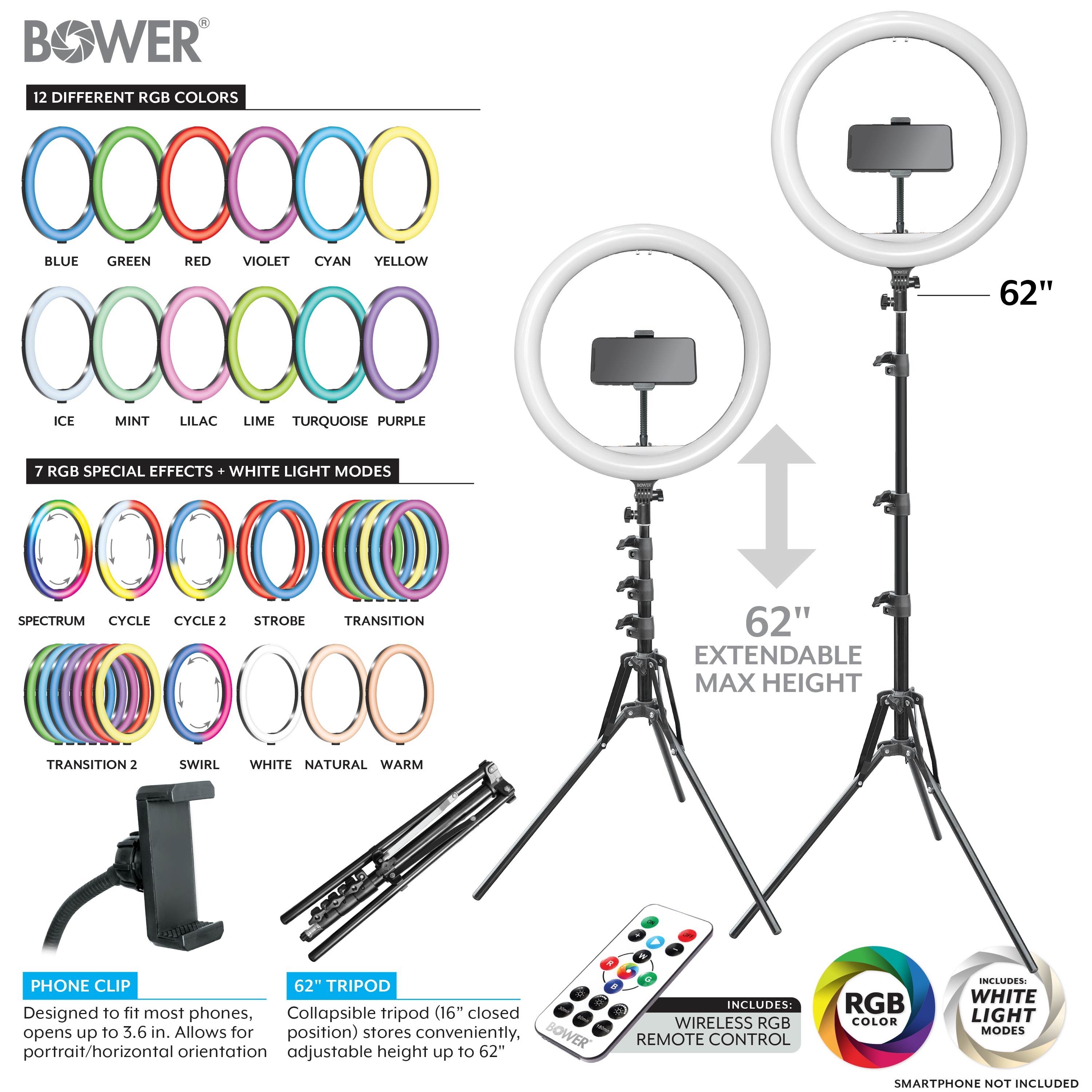 Bower Content Creator Kit with16-inch RGB Ring Light, 62-inch Adjustable Tripod, and Green Screen for Content Creation Camera Accessory - image 4 of 7