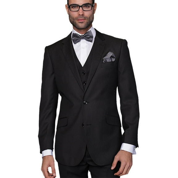 3pc Black Pinstripe Modern Fit Pleated Pants 2 Button Mens Suit Super 150's Extra Fine Italian Wool By Alberto Nardoni Brand Designer