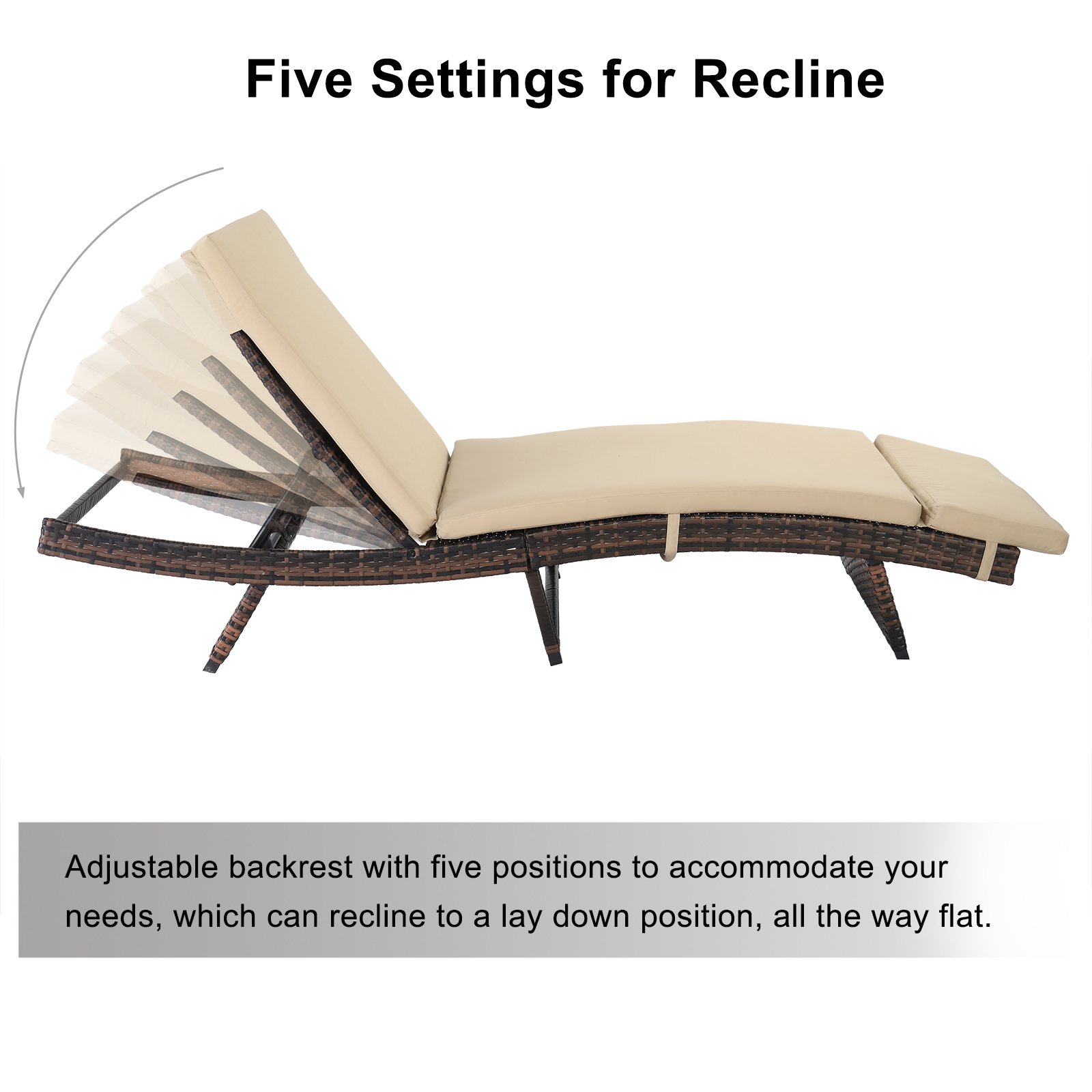 uhomepro Patio Rattan Lounge Chair Chaise Recliner, Outdoor Patio Furniture Set for Pool, Reclining Rattan Lounge Chair Chaise Couch Cushioned with Adjustable Back, Beige - image 5 of 10