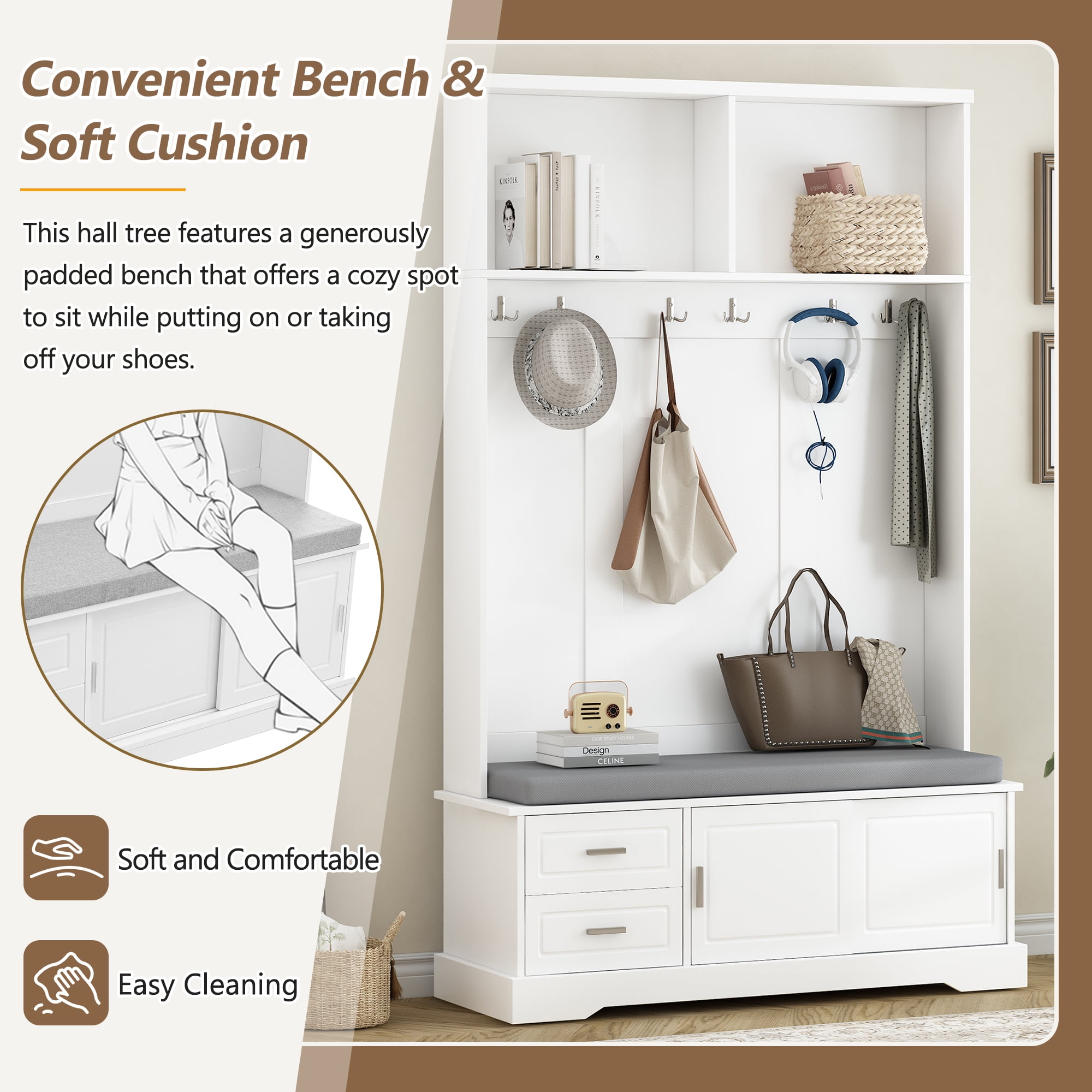 Euroco 3-in-1 Hall Tree with Padded Bench, Sliding Doors, and Spacious Storage – Elegant Foyer Rack, Shoe Cabinet, and Seating Bench with Anti-Tip Device