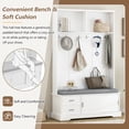 thumbnail image 2 of Hall Tree with Sliding Doors,Versatile Coat Rack with 6 Silvery Hooks & Handles,Elegant Mudroom Bench Cabinet with Shoe Storage & 44.4"W Cushion for Hallway, Living Room, White, 2 of 7