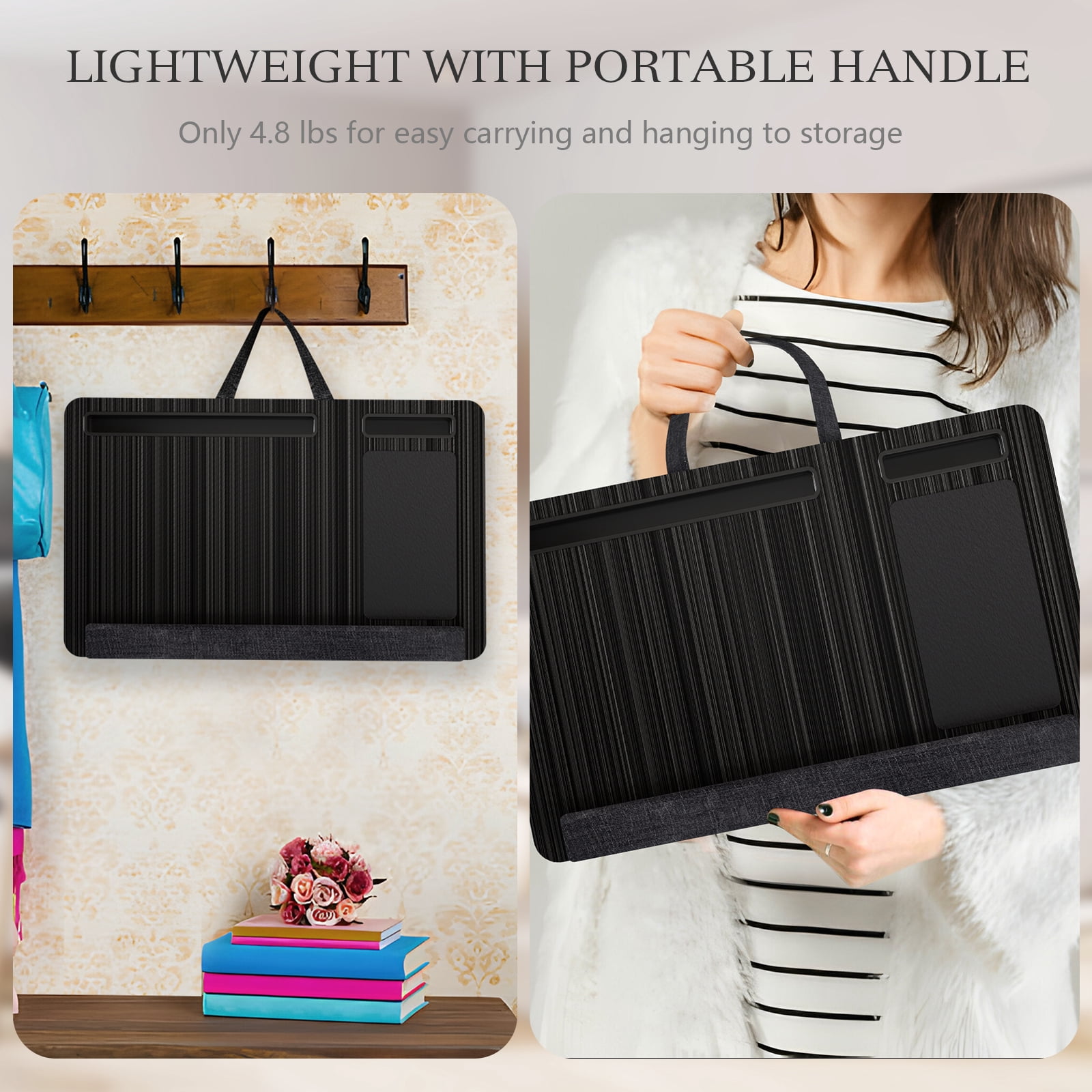 PHANCIR Portable Lap Desk for Laptop, Wood Laptop Bed Table with Handle Fits up to 15.6 inches Laptop Tray with Soft Pillow, Mouse Pad, Wrist Pad & iPad/Phone Slots, Laptop Stand 21.6 x 13.4in-Black