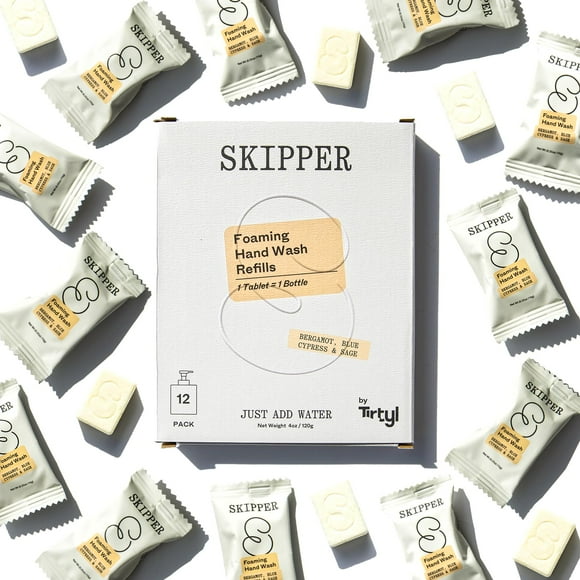 Recambios para tabletas de jabón de manos espumoso Tirtyl Skipper - Paquete de 12 - 96 fl oz en total (12 x 8 fl oz) - Renombrado - Embalaje compostable - Bergamota Ciprés azul y salvia