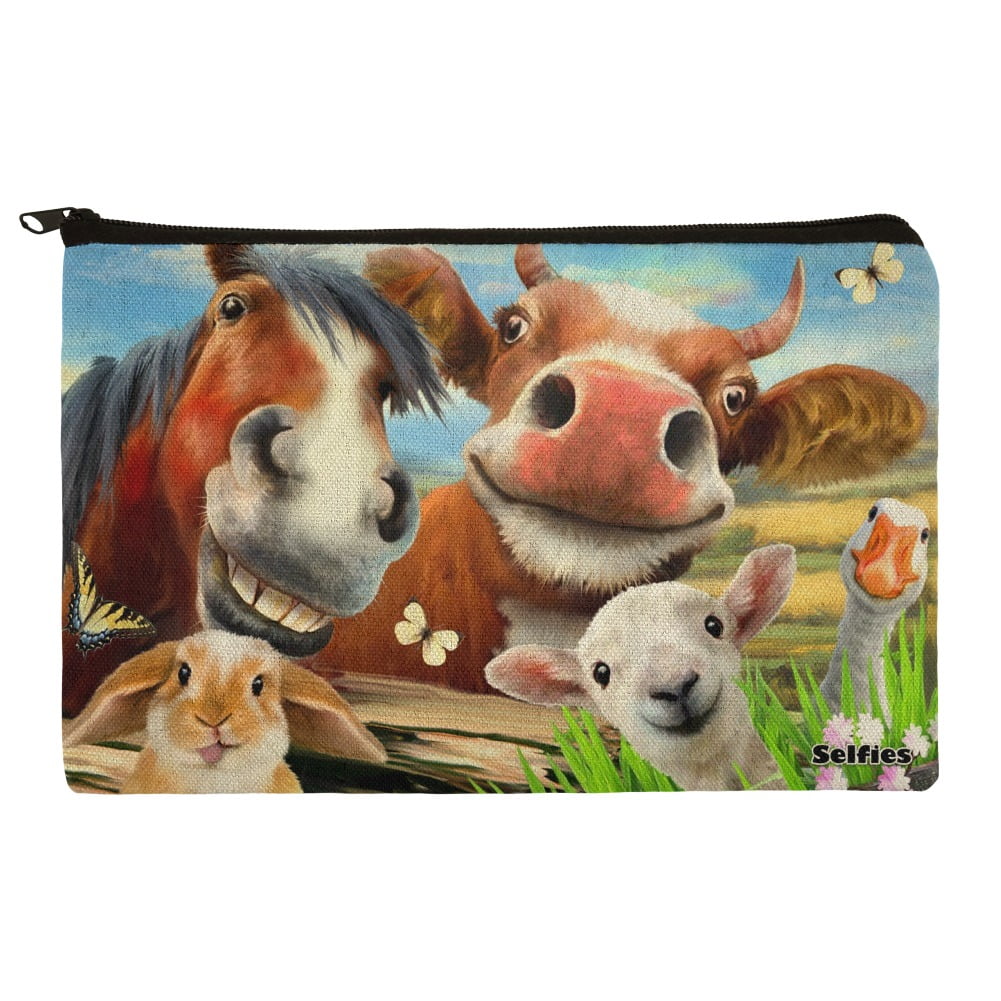 Funny Farm Selfie Cow Horse Rabbit Sheep Pencil Pen Organizer Zipper Pouch Case
