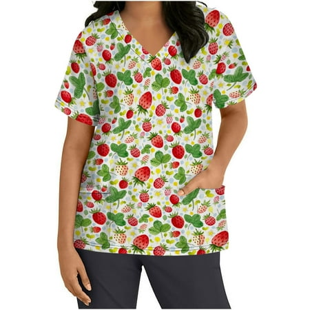 

Honeeladyy Discount Cute Working Uniform for Womens Scrub_Top with Pockets Short Sleeve Vneck Workwear Nurses Clinic Carer Summer Shirts
