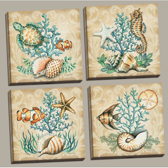 Sea Life Still Life Collages; Shells, Seahorses, Reef Fish, Starfishes & Coral; Four 12x12in Hand-Stretched Canvases, Ready to Hang!