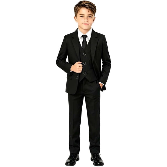 LIIPEE Formal Outfit Sets For Boys Solid Color Long Sleeve Jacket Vests Shirts Pants And Tie 5 Piece Set Kids Comfortable Suit Outfits,C