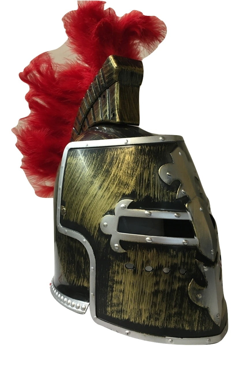 Antique Bronze Gold Medieval Knight Helmet Great Helm Crusader Costume Red Plume Walmart Com Walmart Com
