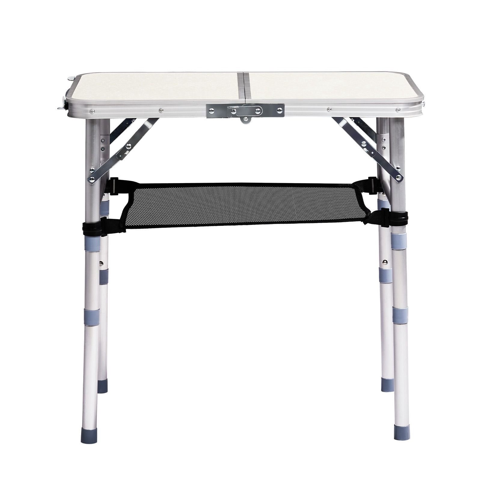 3 Height Adjustable Folding Camping Table with Mesh Storage Net, Portable Aluminum Foldable Table Built-in Carry Handle Supports 110lbs for Picnic Beach Patio Indoor Outdoor Use