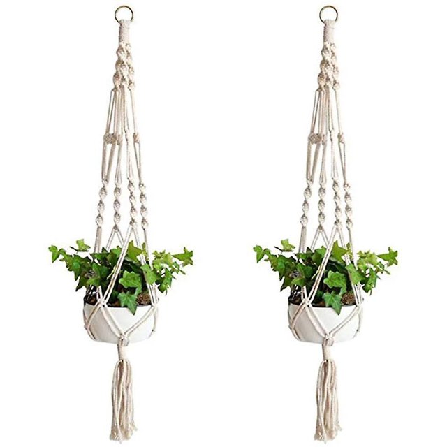 Colgador de cuerda para plantas de macramé de 2 piezas, cesta de flores de macramé con cuerda de algodón, macramé colgante para decoración del hogar, jardinería de escritorio, 4 patas