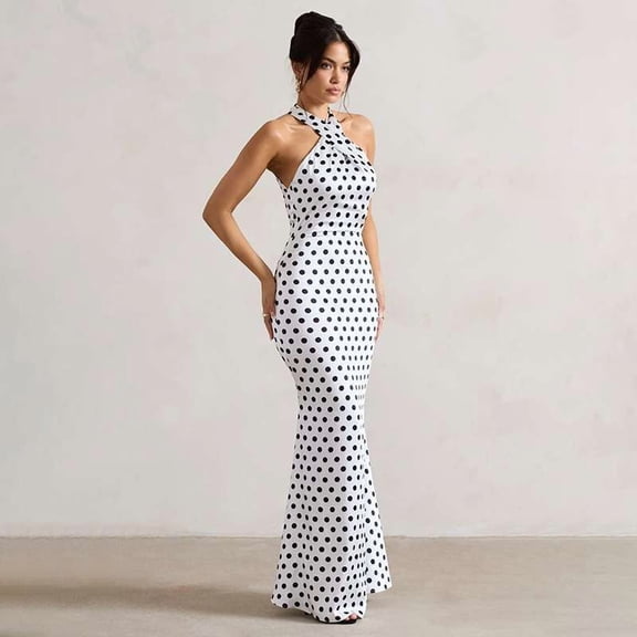 Polka Dot Halter Maxi Dress (S, White)