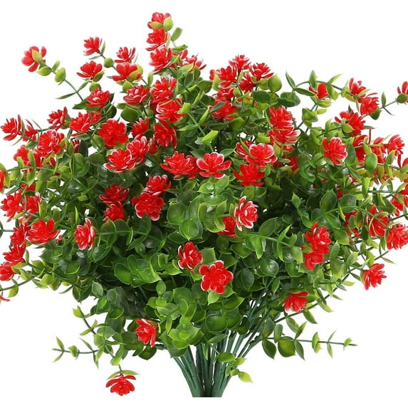 Sinhoon 6PCS Artificial Flowers, Fake Artificial Greenery UV Resistant No Fade Faux Plastic Plants for Wedding Indoor Outdoor Home Garden Office Table Vase (Red)