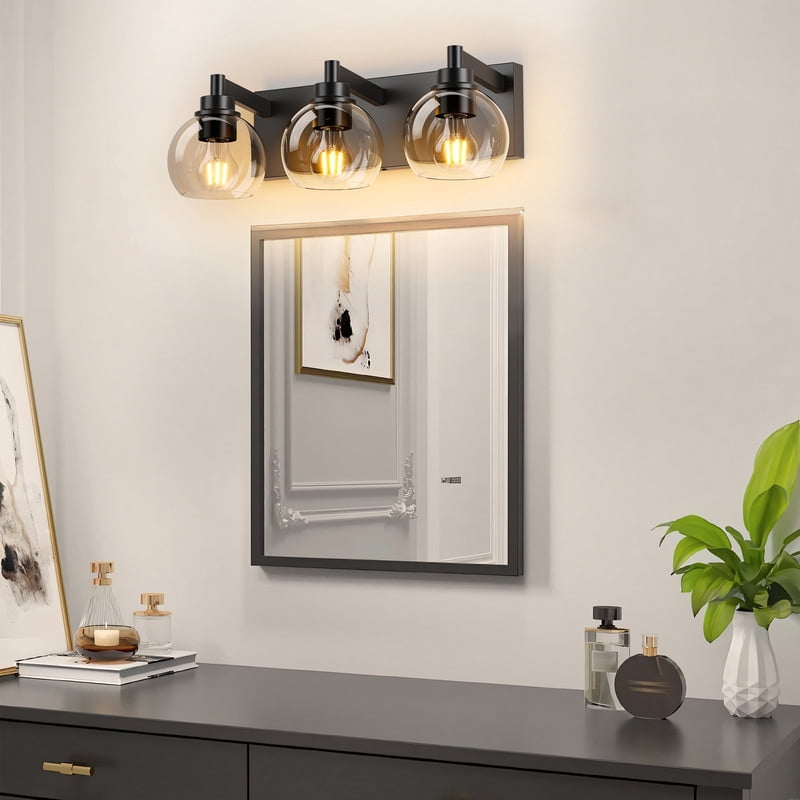 TICOZE Modern Matte Black 3-Light Bathroom Vanity Light for Over Mirror, Clear Glass Shade, Water Resistant for Bathroom, Hallway, Bedroom (No Bulbs Included)