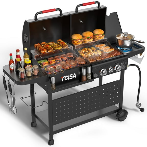 Tcisa 3-Burner Gas & Charcoal Grill Combo with 30,000 BTU, Dual Fuel BBQ Grill, 748 SQ.in Cooking Space, for Backyard BBQ, Outdoor Cooking