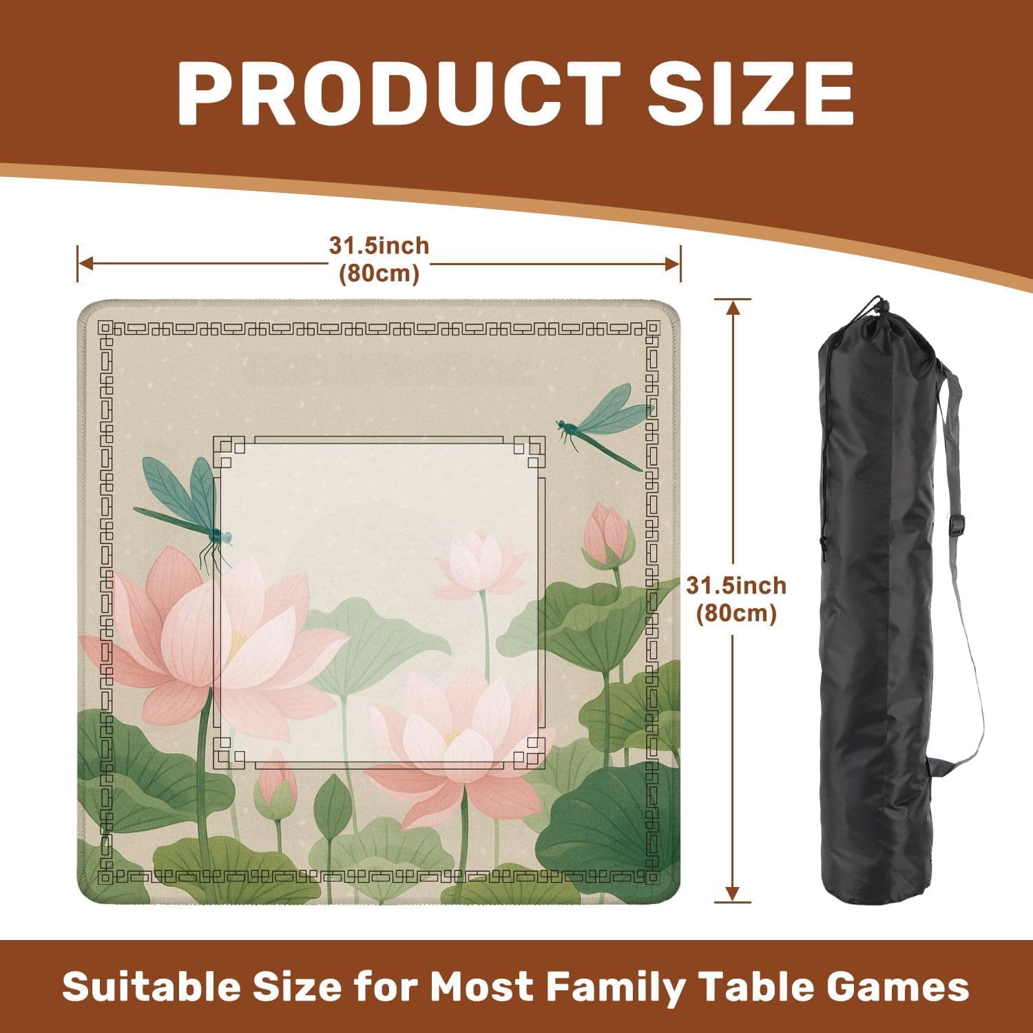 Mahjong Mat 31.5" x 31.5" Lotus Flowers Dragonflies Non-Slip Noise Reduction Mahjong Tiles Table Cover for Dominoes Poker Card Board and Tile Games