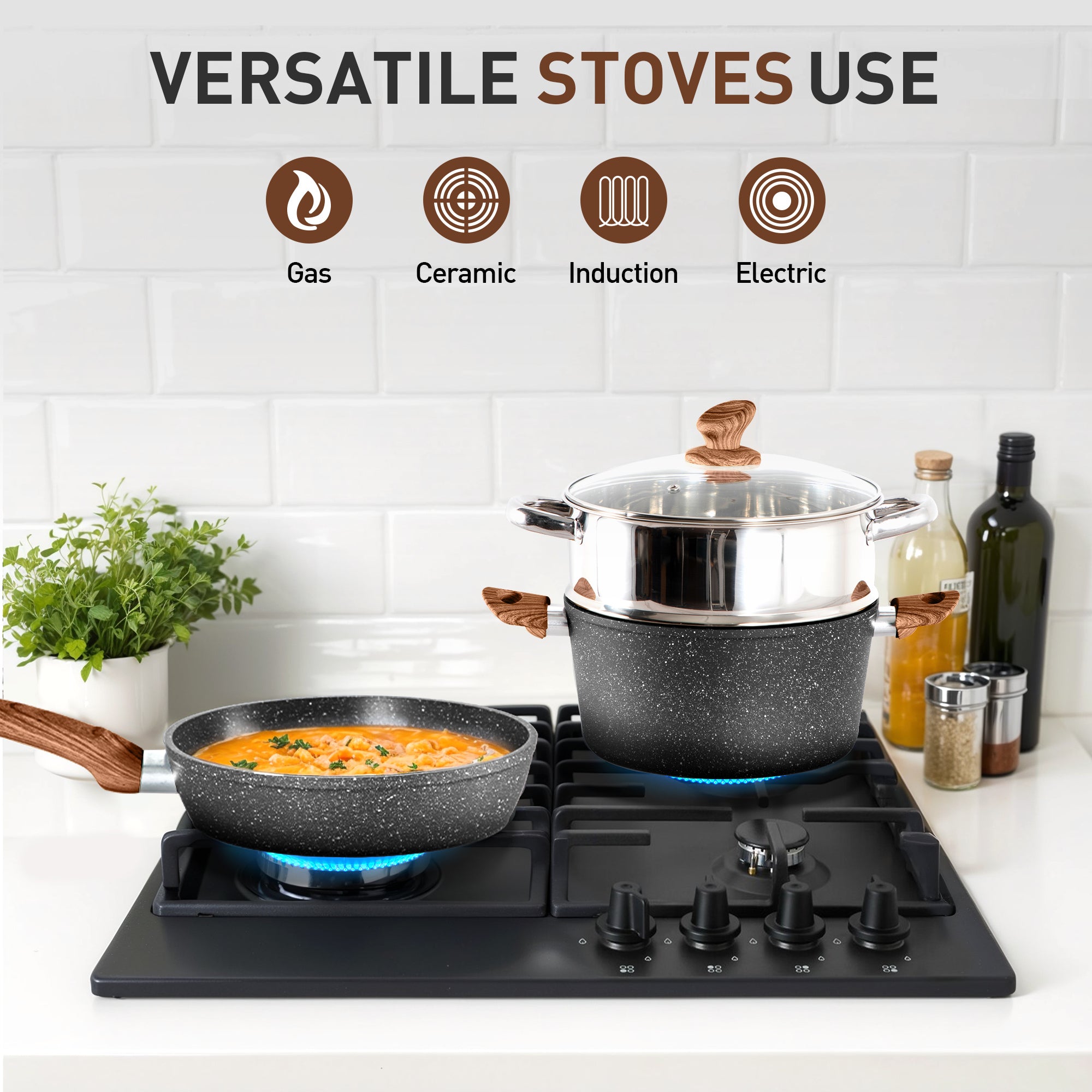 MF Studio 17 Pieces Cookware & Bakeware Set Granite Nonstick Pots and Pans Set, Black
