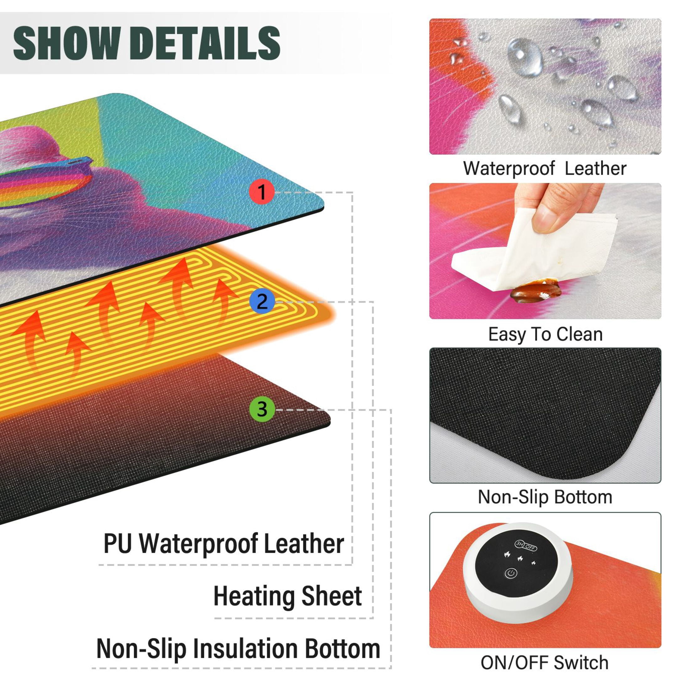 Large Heated Desk Mat Mouse Pad 31.5"x13"PU Leather Graphene Heating Desk Warmer with 3 Temperature Settings 110V US Plug Non-Slip Warm Pad for Home, Office, and Gaming White Cat Colorful Sunglasses