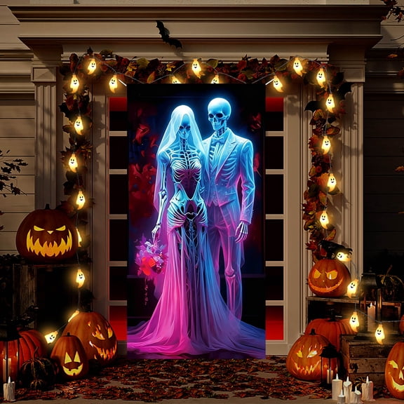 Halloween Skeleton Door Cover Tapestry Decoration, 35.43”x70.87” Polyester Spooky Home Front Door Party Decor