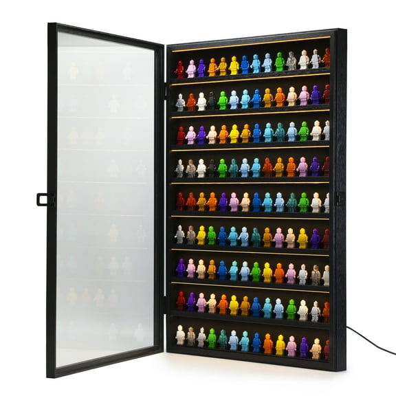 Minifigures Miniature Display Case Building Block Showcase Collectibles Mini Figure Wall Mount Wooden Display Cabinet With LED Light Lockable Shadow Box