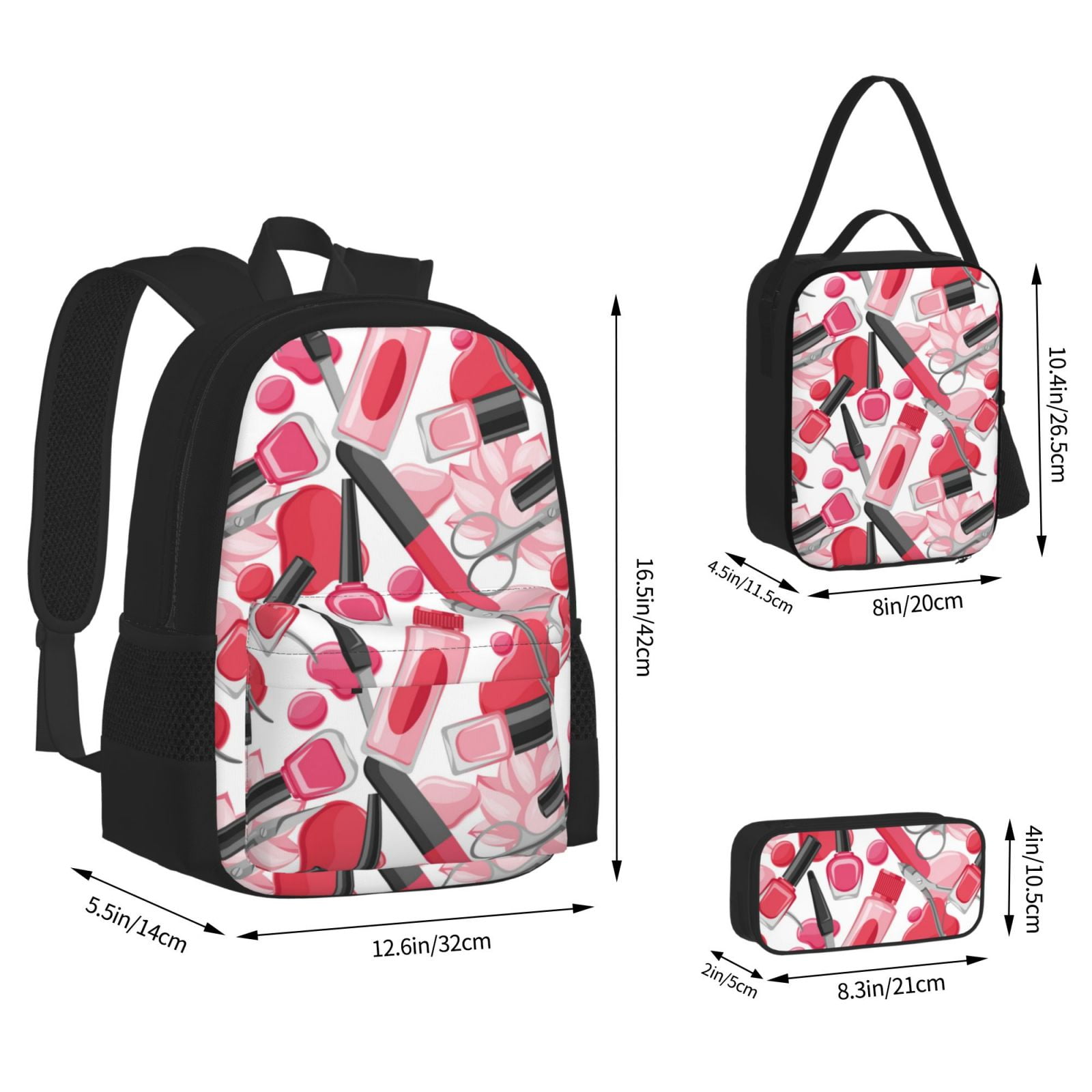 Naloa Makeup Print Large Capacity Backpack Lunch Bag Pencil Case Combination 3 Piece Set for Student