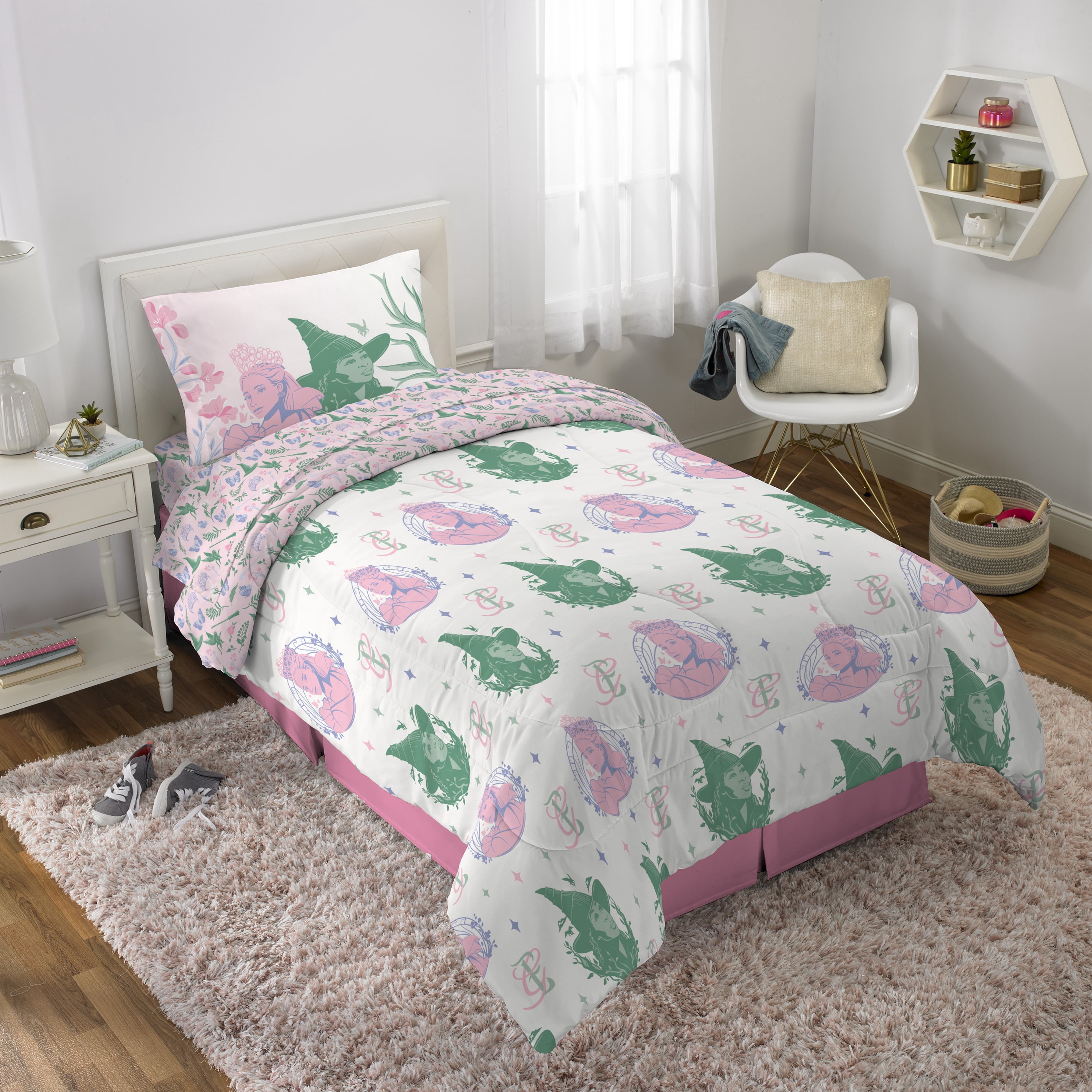 Wicked Kids Pink and Green 6 Piece Reversible Comforter, Bed in a Bag, Twin