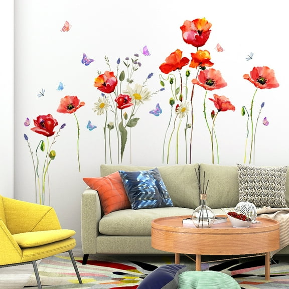 Floral Wall Decals Colorful Flowers Plants Butterfly Wall Stickers Vinyl Peel and Stick for Bedroom Living Room Background Decor 27.5"x43.3"