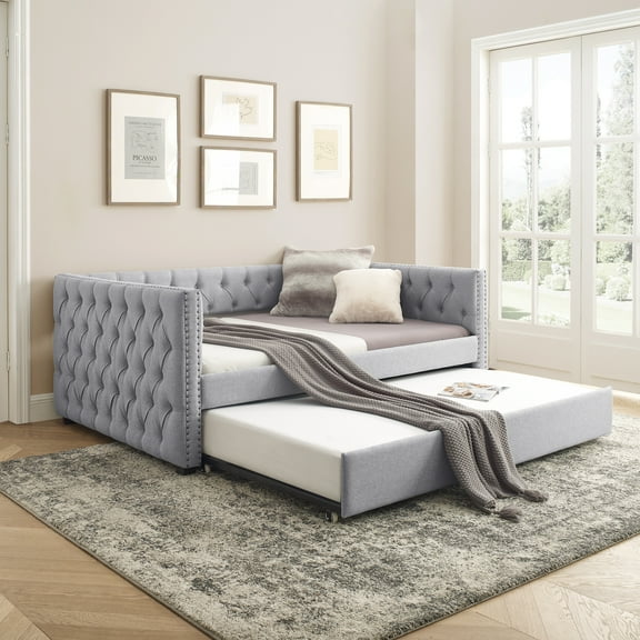 Generic Daybed with Trundle Upholstered Tufted Sofa Bed, with Two Drawers, Queen Size, Boucle Fabric, Grey