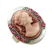 Antique Silver Vintage Style CAMEO Ring Oval Pink Stone Crystal Rhinestones c2