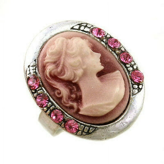 Antique Silver Vintage Style CAMEO Ring Oval Pink Stone Crystal Rhinestones c2