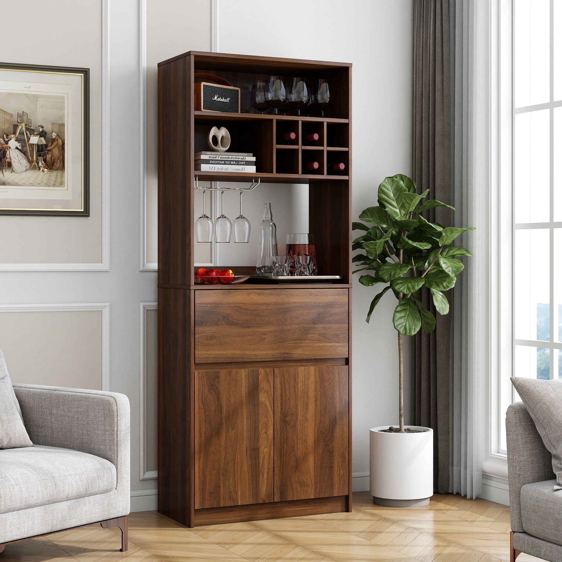 Wine Bar Cabinet Multi-Functional Kitchen Storage Hutch with Drawer Glass Holder, Walnut