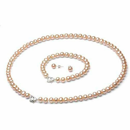 9-10mm Pink Freshwater Pearl Heart-Shape Sterling Silver Necklace (18), Bracelet (7) Set with Bonus Pearl Stud Earrings