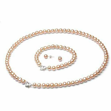 9-10mm Pink Freshwater Pearl Heart-Shape Sterling Silver Necklace (18"), Bracelet (7") Set with Bonus Pearl Stud Earrings