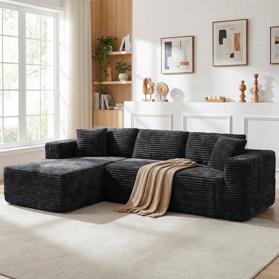 Walsunny Modular L-Shaped Sectional Sofa, High Resilience Foam Couch, Modern Boneless Sofa with Deep Seat and Corduroy Fabric for Living Room, Black